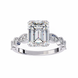 Diamond ring with a large emerald-cut center stone on a white background