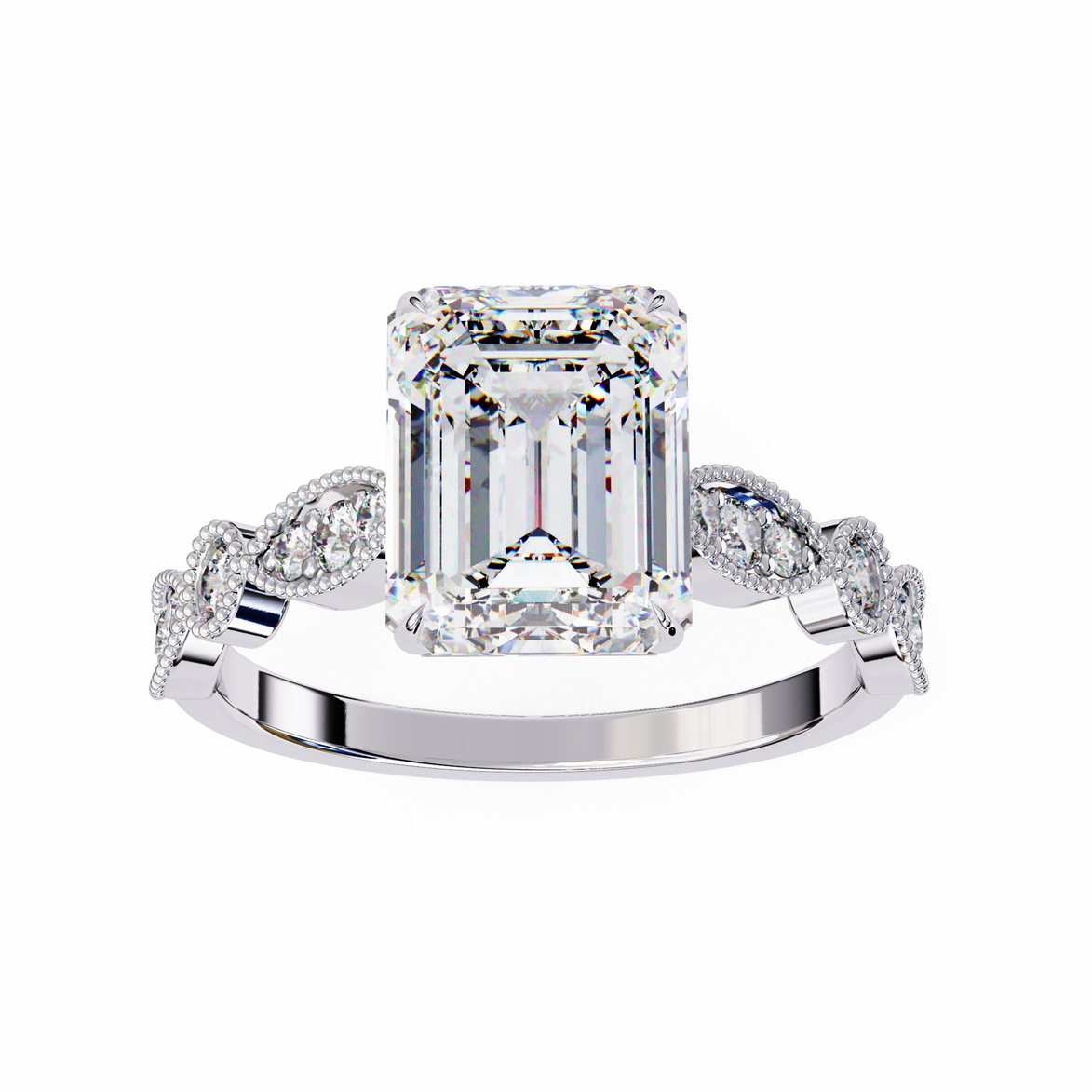 Diamond ring with a large emerald-cut center stone on a white background