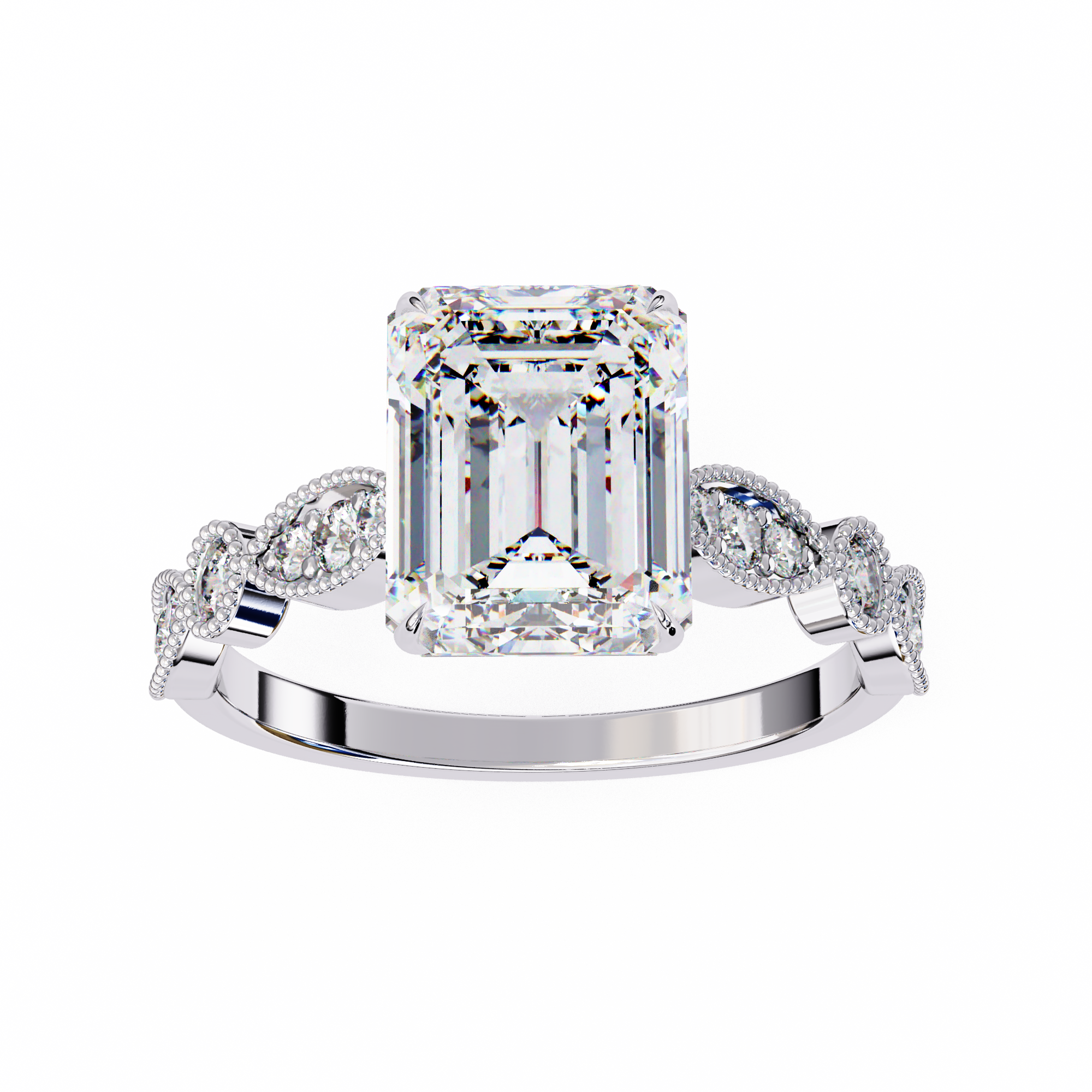 Diamond ring with a large emerald-cut center stone on a white background