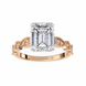 Rose gold ring with a large emerald-cut diamond and smaller diamonds on the sides against a white background