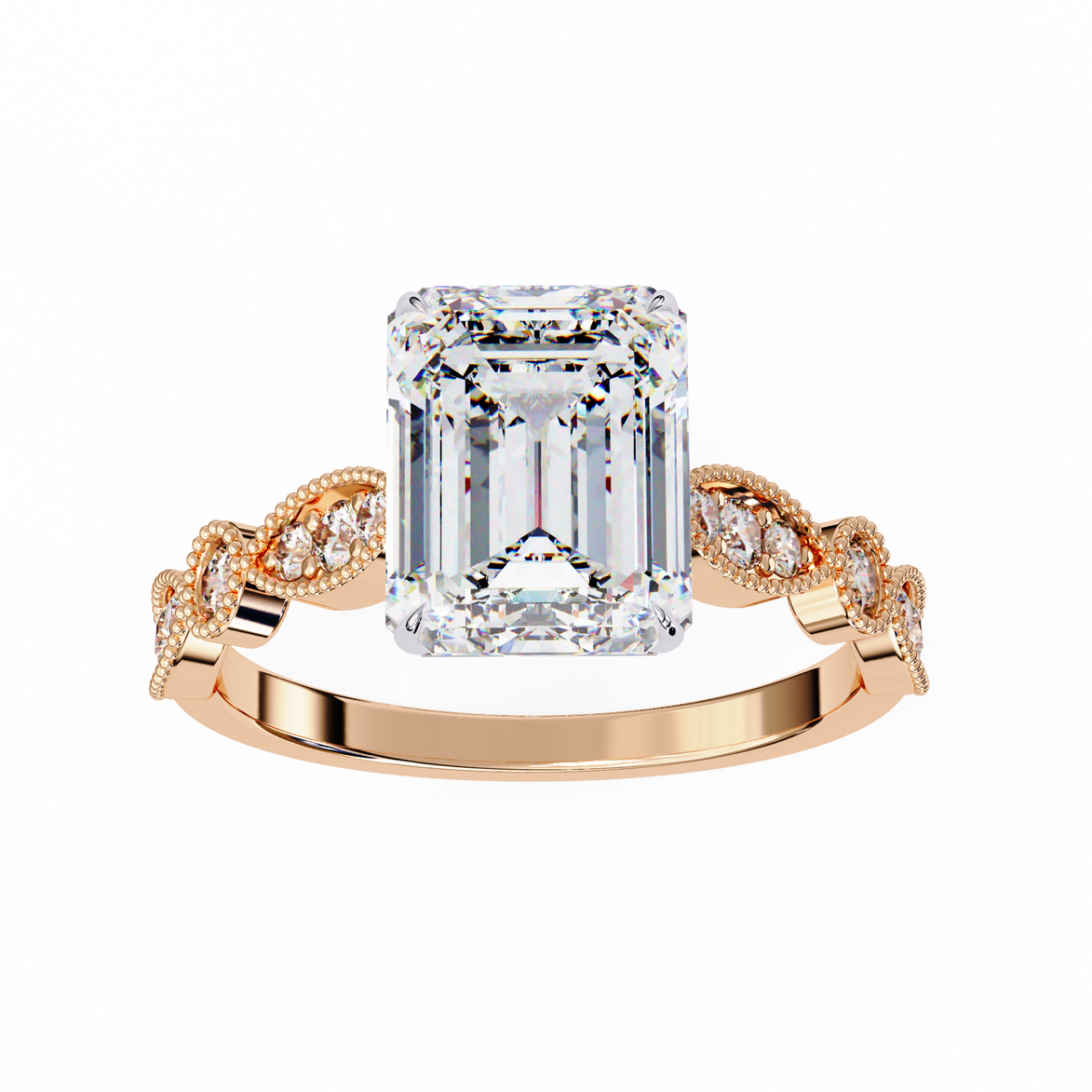 Rose gold ring with a large emerald-cut diamond and smaller diamonds on the sides against a white background