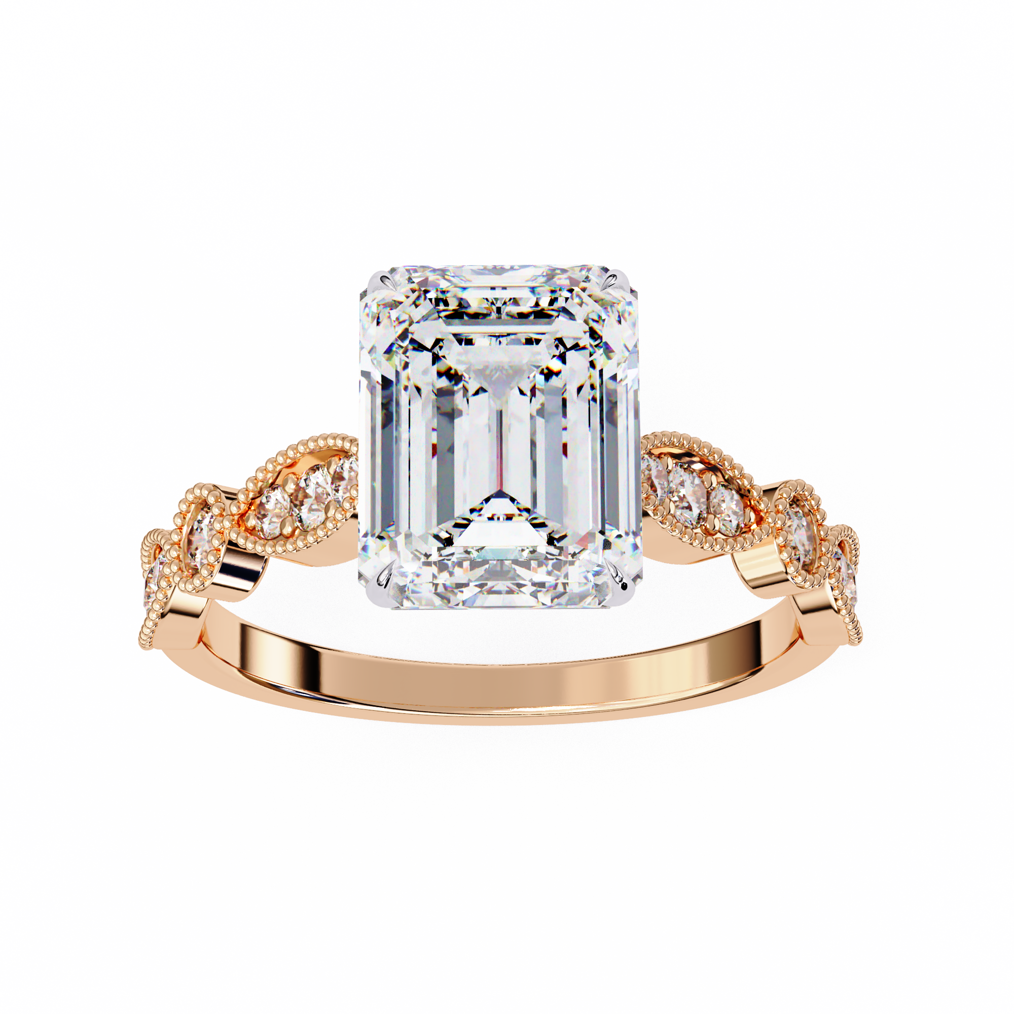 Rose gold ring with a large emerald-cut diamond and smaller diamonds on the sides against a white background