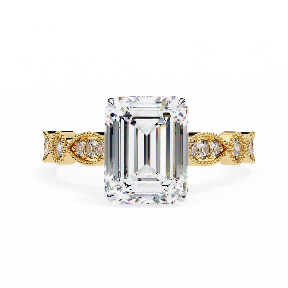 Gold ring with a large emerald-cut diamond and smaller diamonds on the band against a white background