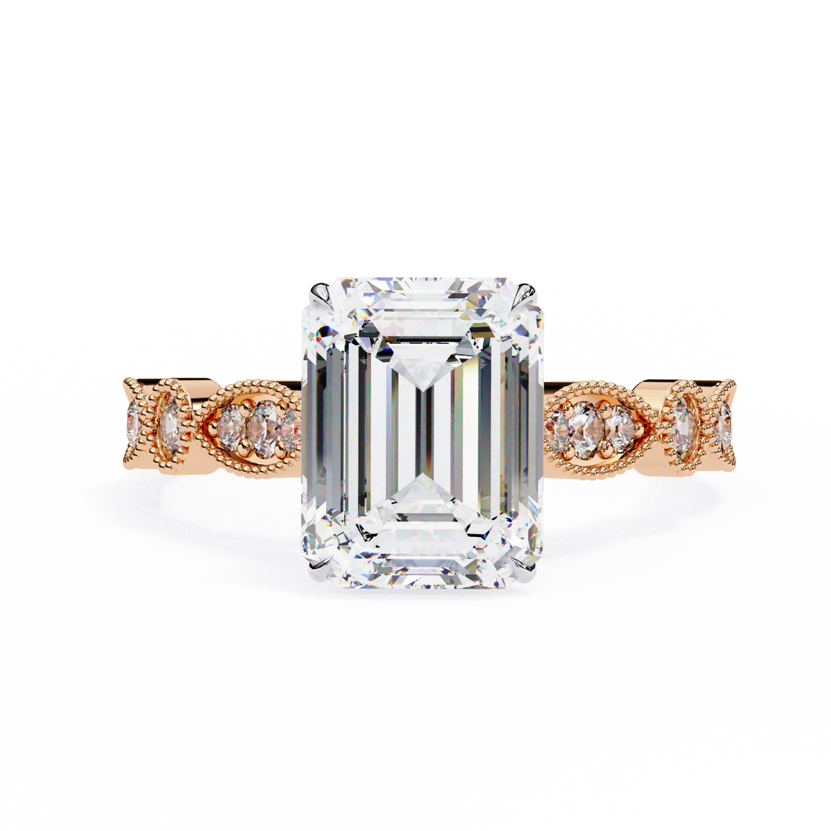 Diamond ring with rose gold band on a white background