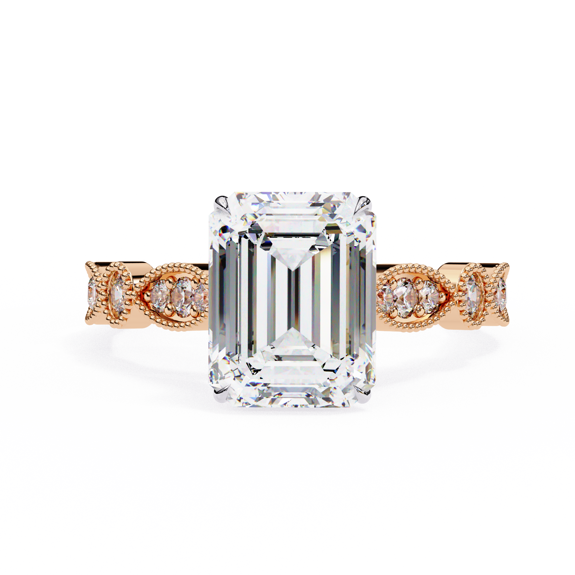 Diamond ring with rose gold band on a white background