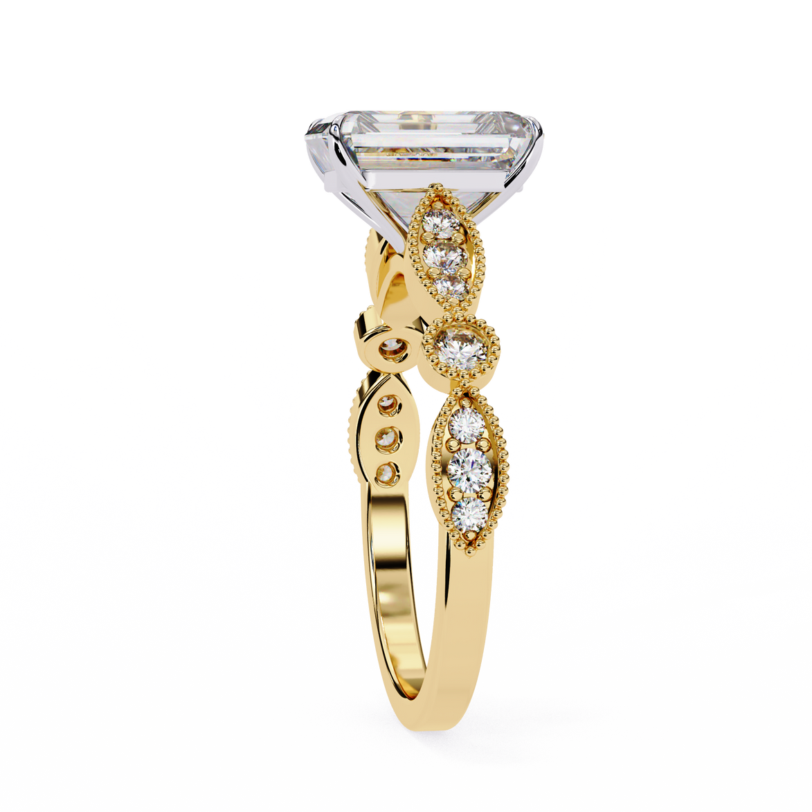 Gold ring with a diamond on a white background