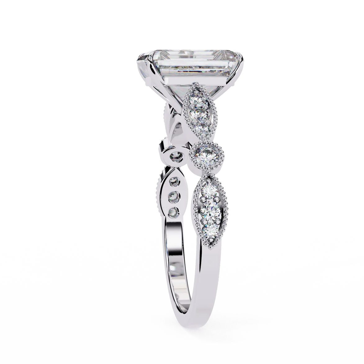 Silver ring with a diamond on a white background