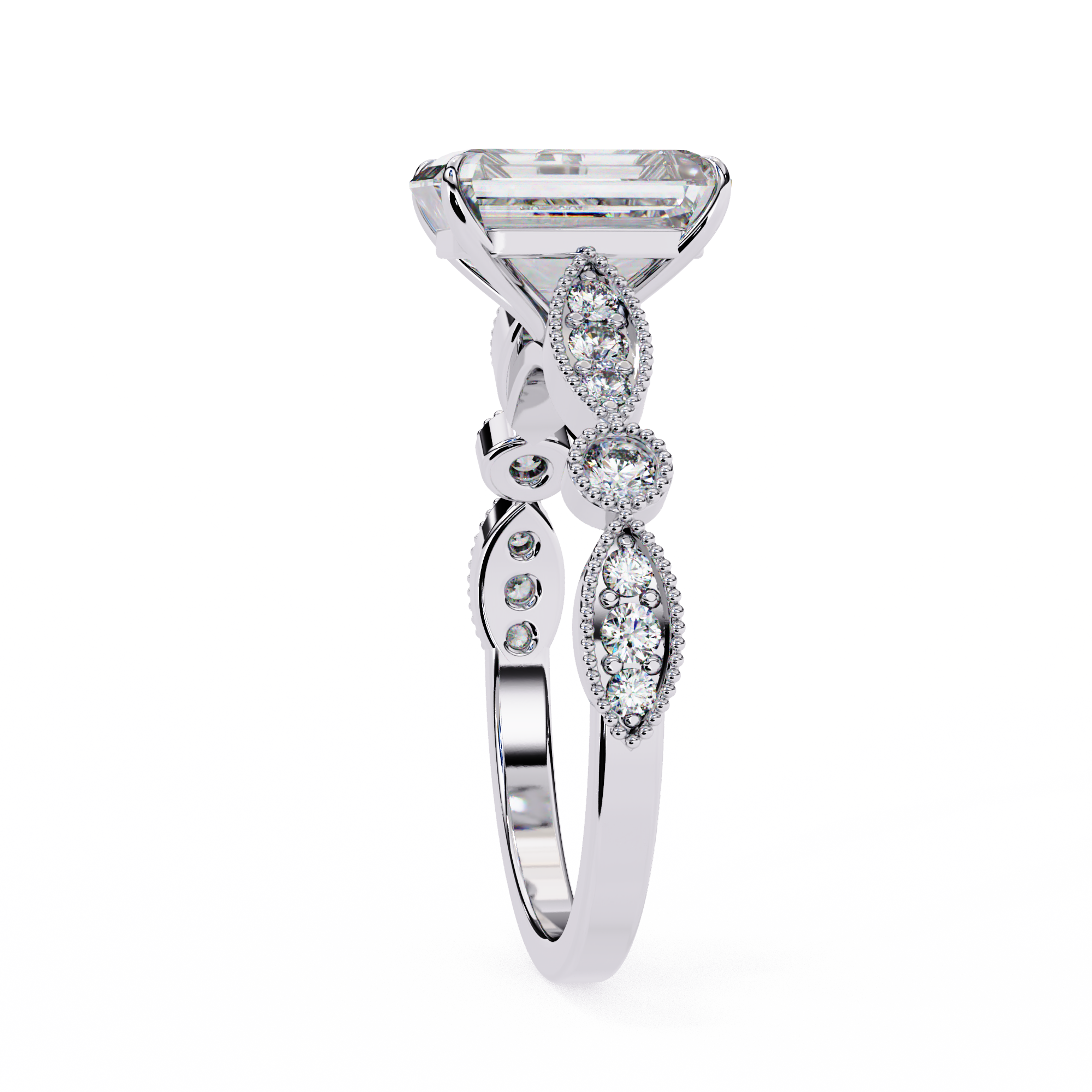 Silver ring with a diamond on a white background