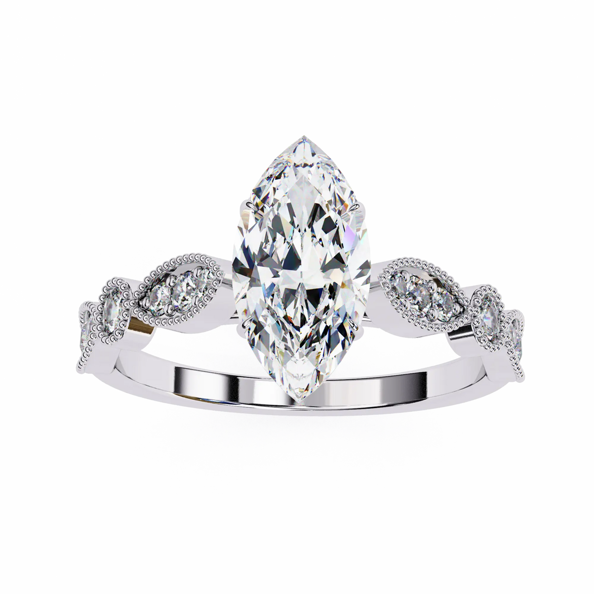 Diamond ring with a pear-shaped center stone on a white background