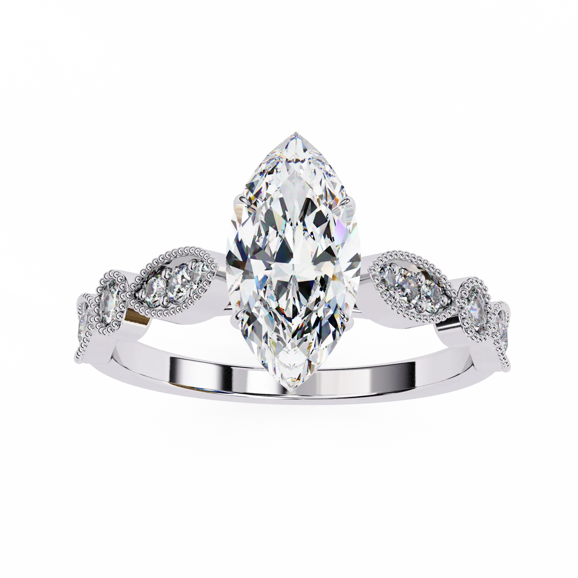 Diamond ring with a pear-shaped center stone on a white background
