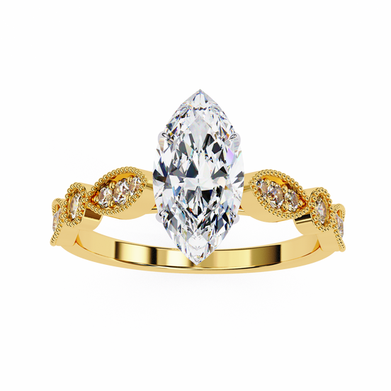 Gold ring with a large pear-shaped diamond and smaller diamonds on a white background