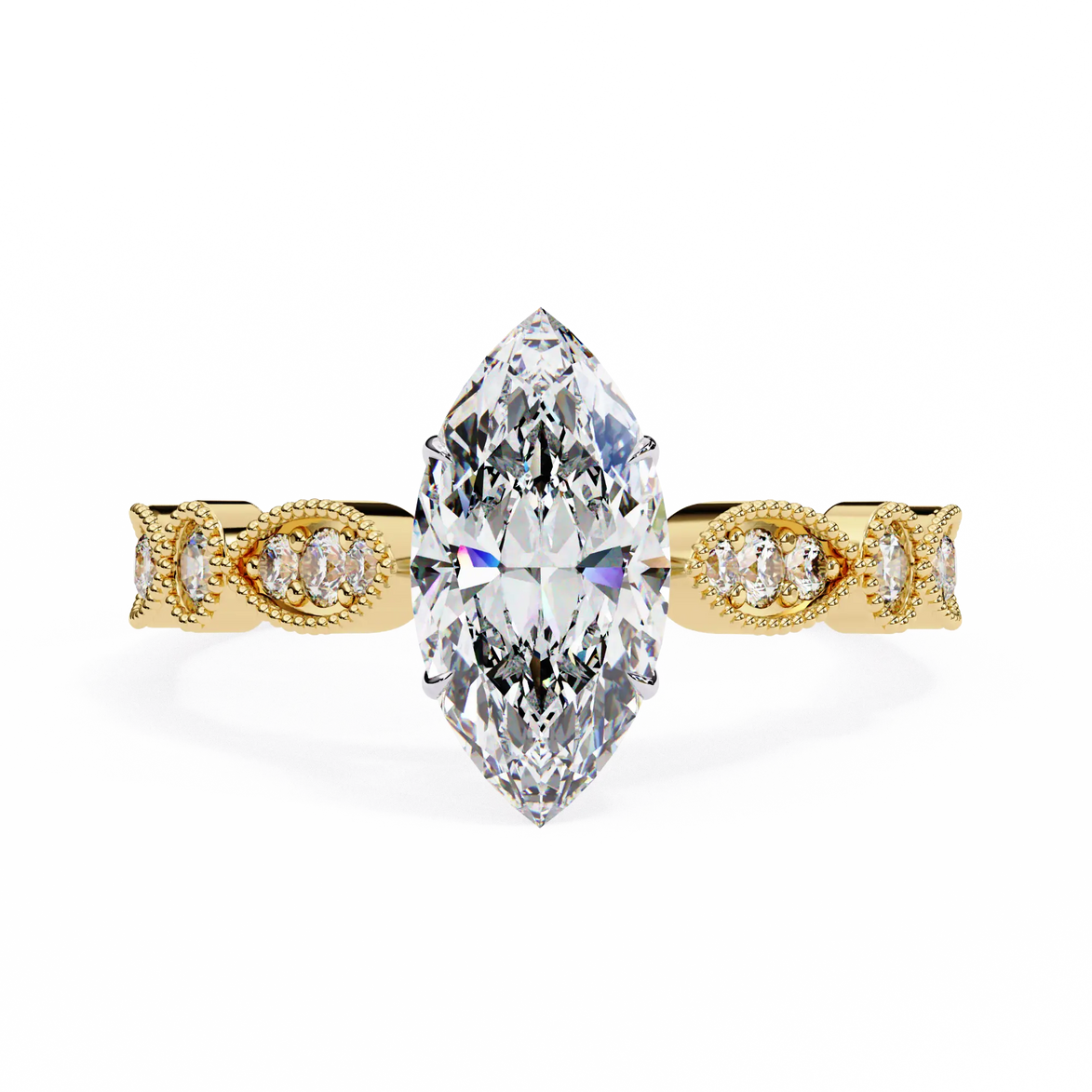 Gold ring with a large marquise-shaped diamond on a white background