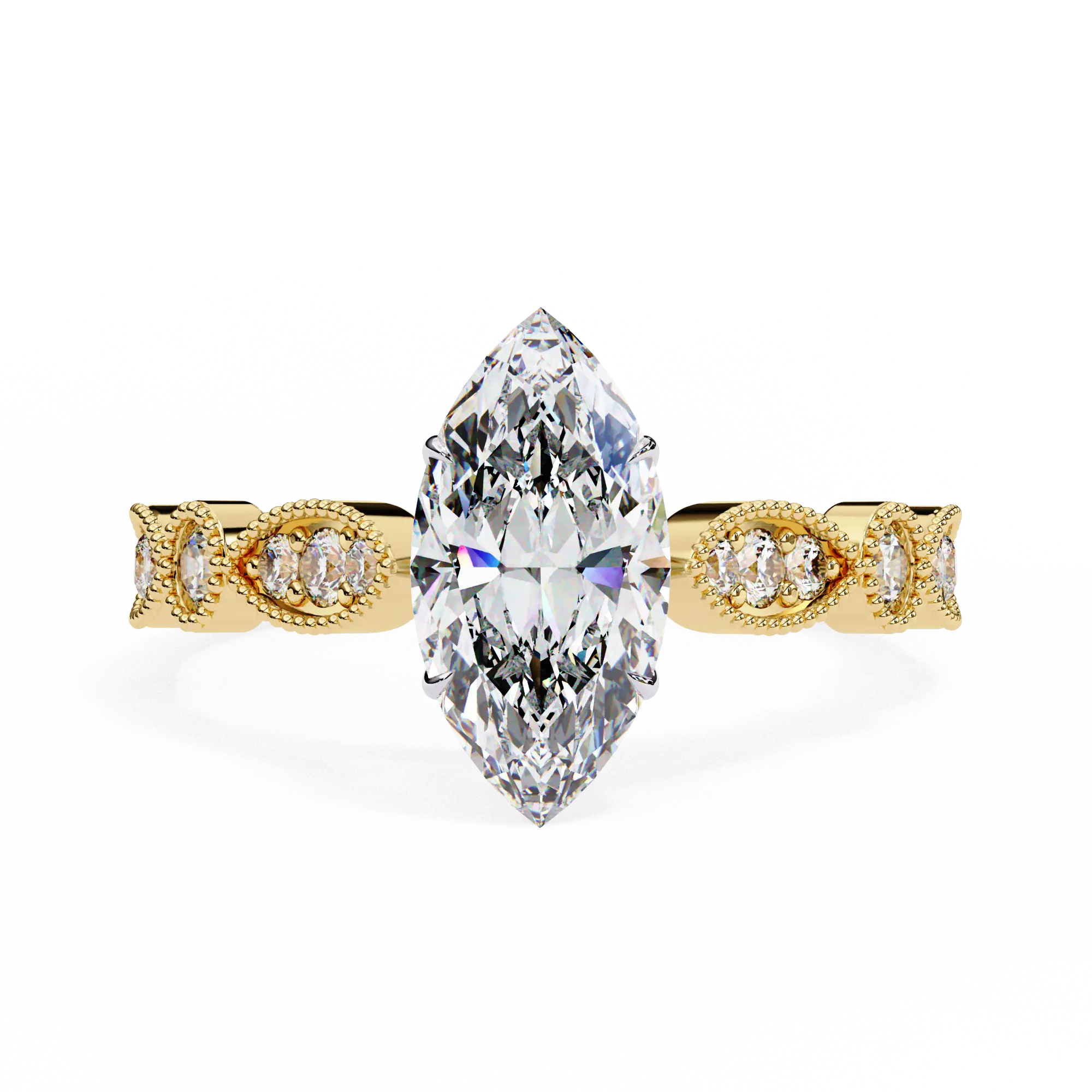 Gold ring with a large marquise-shaped diamond on a white background