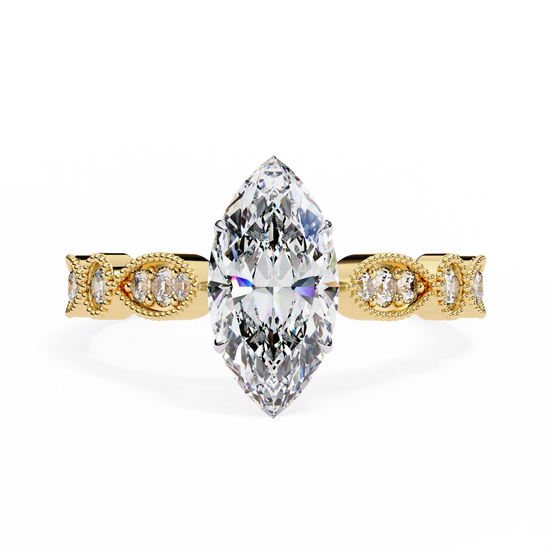 Gold ring with a large marquise-shaped diamond on a white background