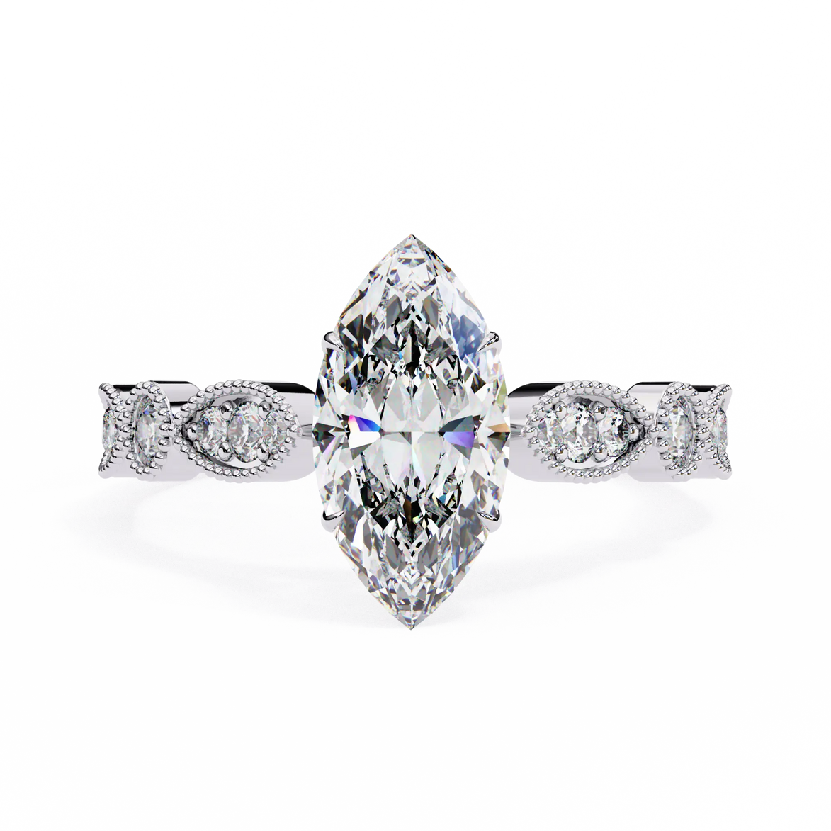 Diamond ring with a pear-shaped center stone on a white background