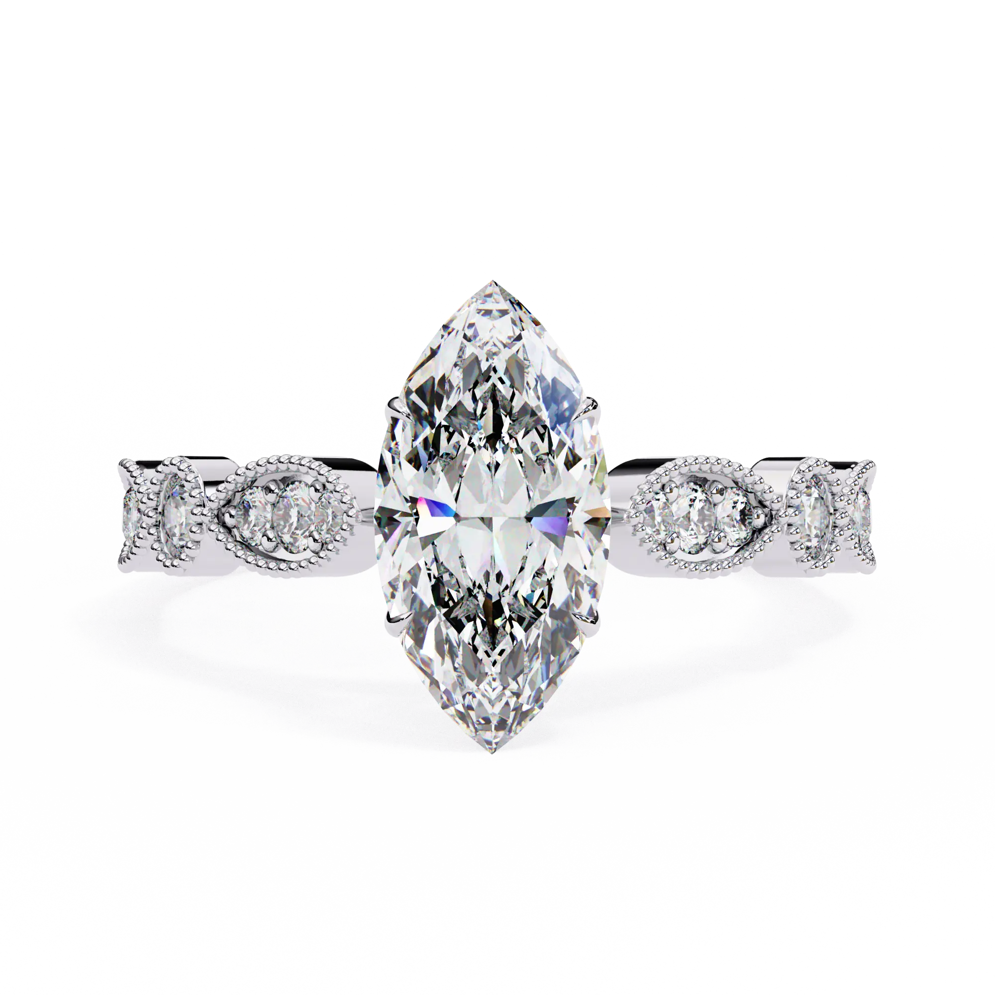 Diamond ring with a pear-shaped center stone on a white background