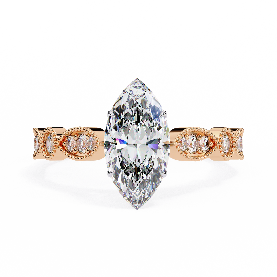 Rose gold ring with a large marquise-shaped diamond and smaller diamonds on a white background