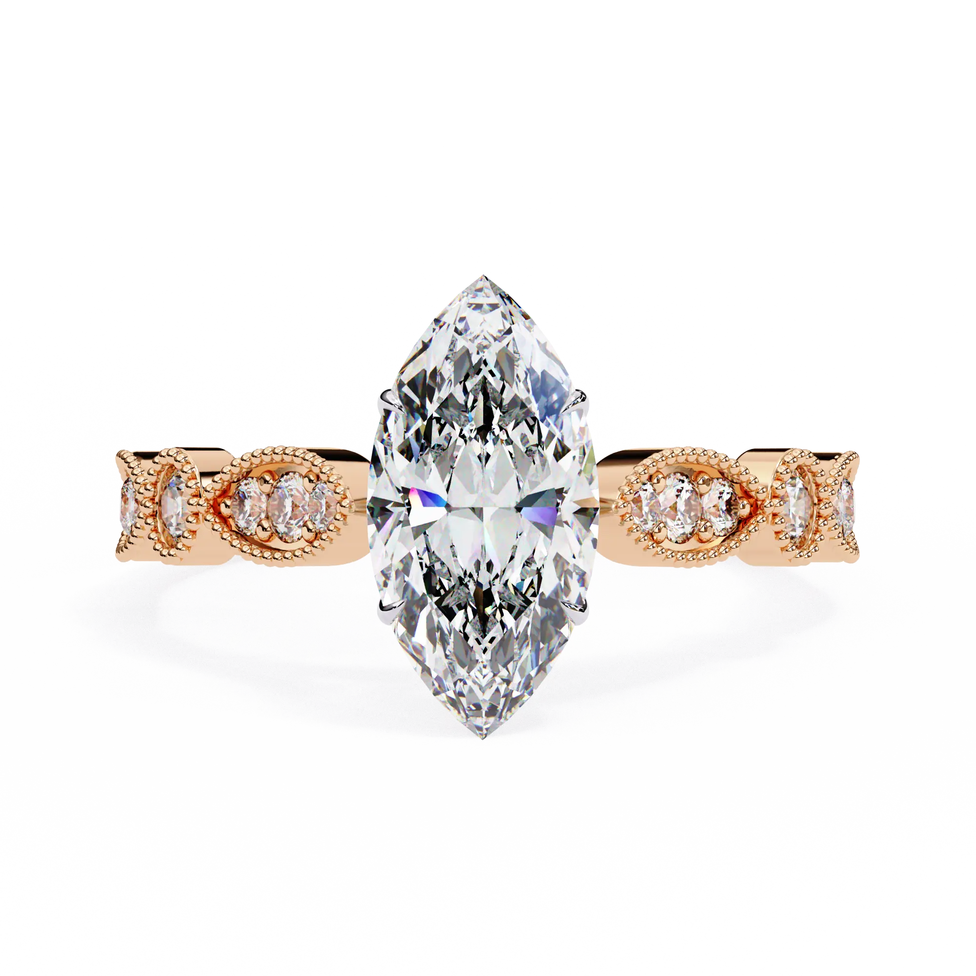 Rose gold ring with a large marquise-shaped diamond and smaller diamonds on a white background