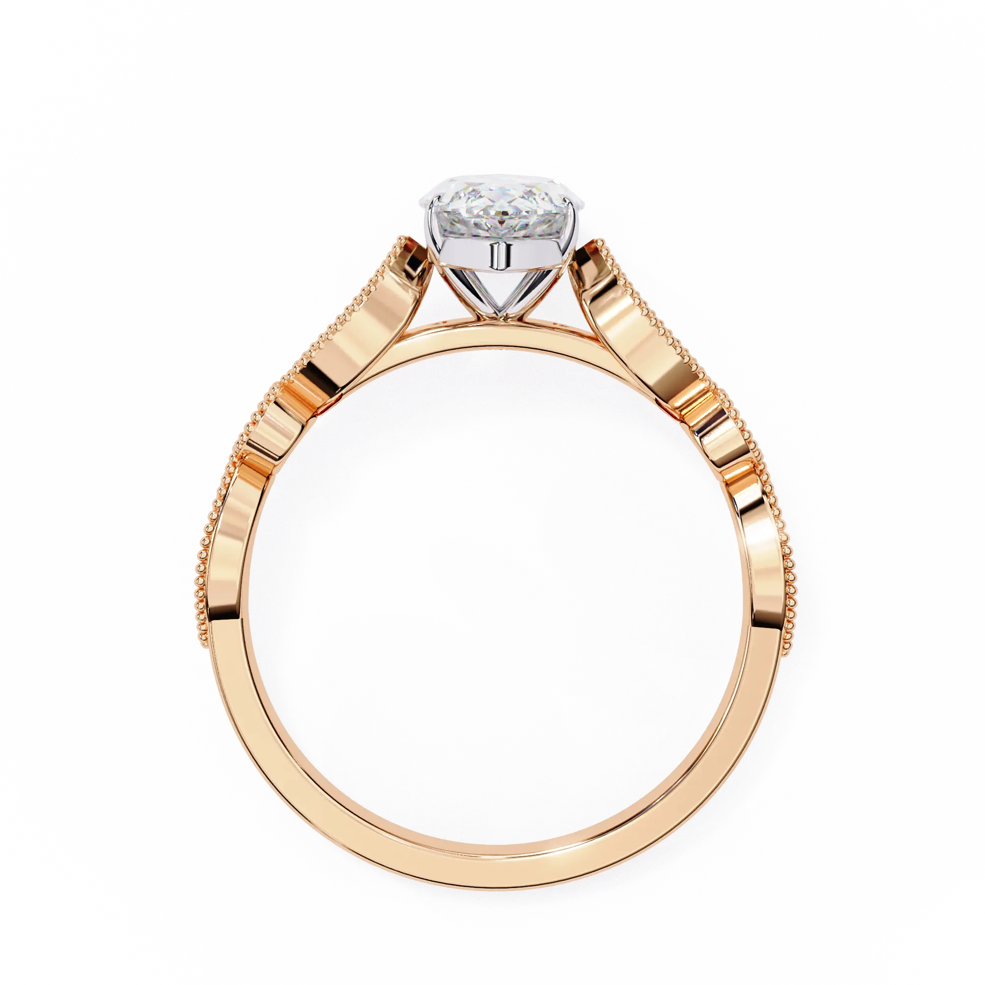 Rose gold ring with a diamond on a white background