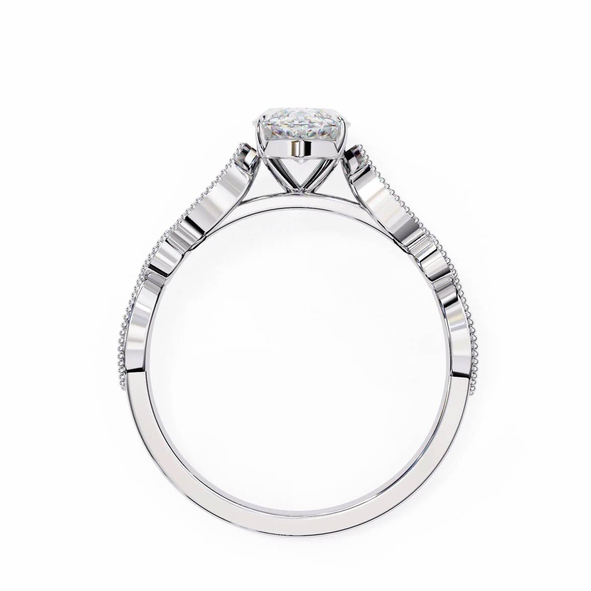 Diamond ring with a white gold band on a white background