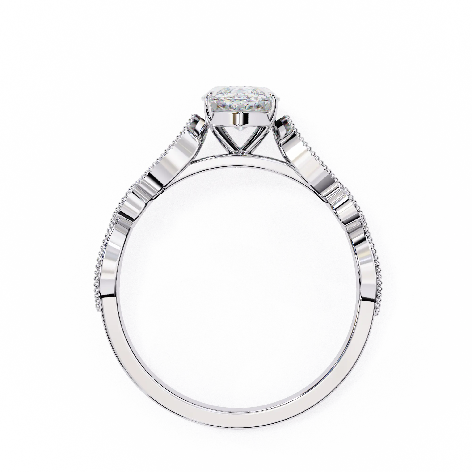 Diamond ring with a white gold band on a white background
