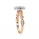 Rose gold ring with diamond accents on a white background