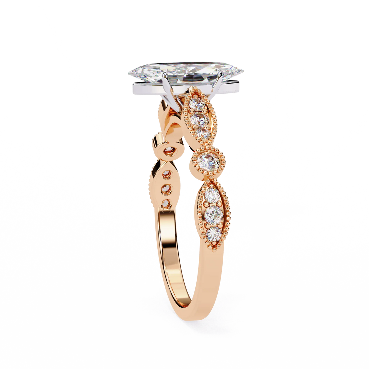Rose gold ring with diamond accents on a white background