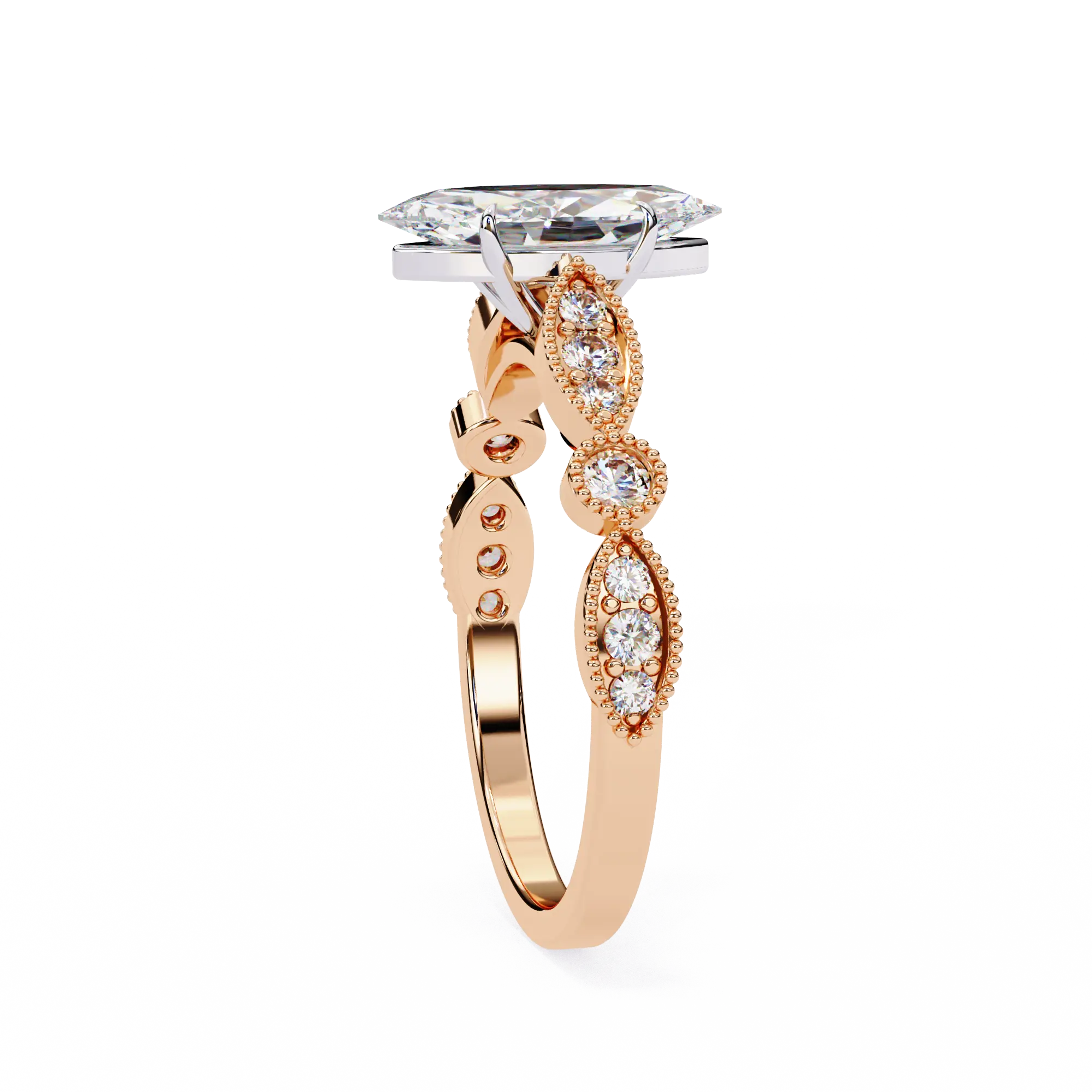 Rose gold ring with diamond accents on a white background
