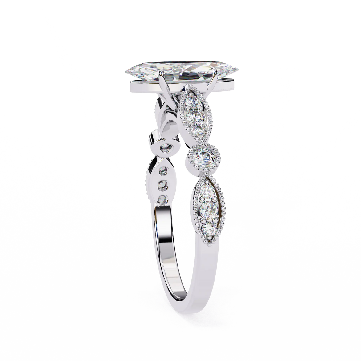 Diamond ring with intricate design on a white background