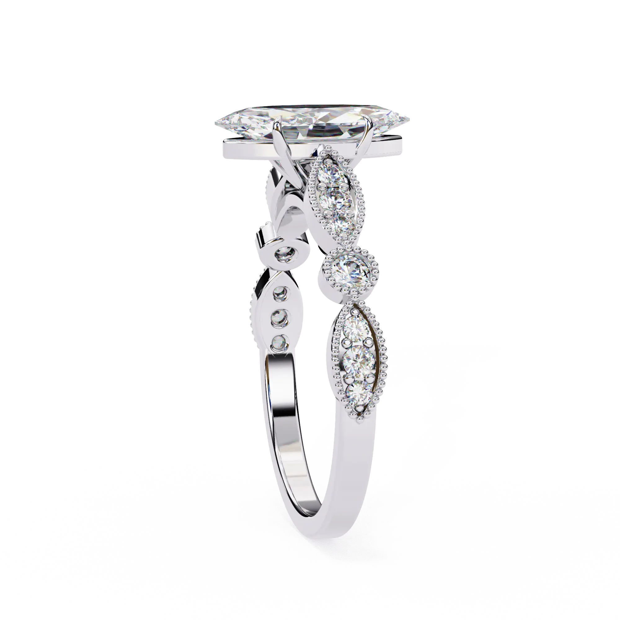 Diamond ring with intricate design on a white background