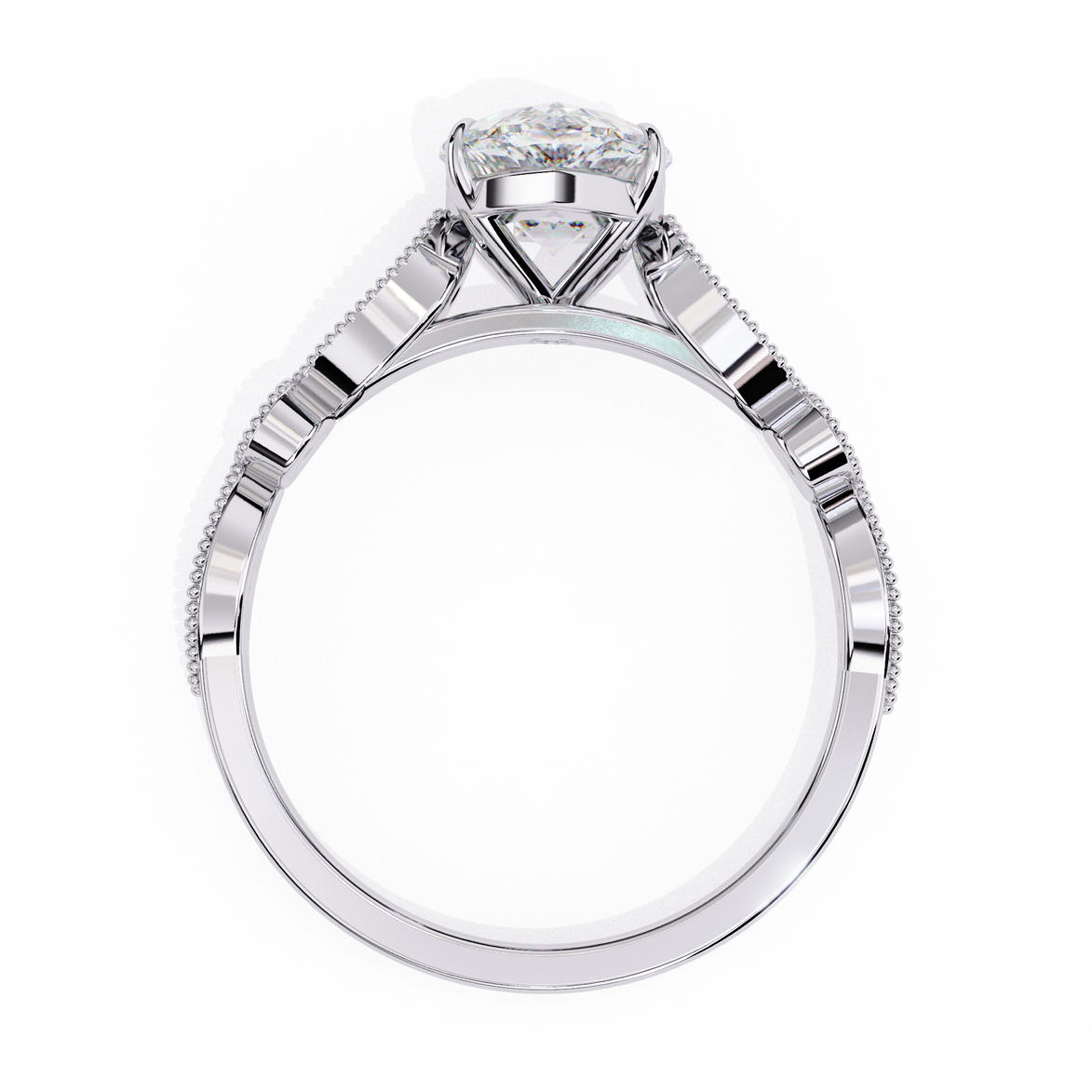 Diamond ring with a white gold band on a white background