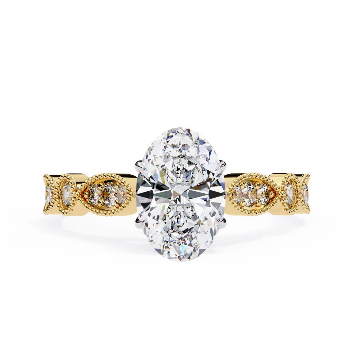 Gold ring with a large central diamond and smaller diamonds on the band against a white background