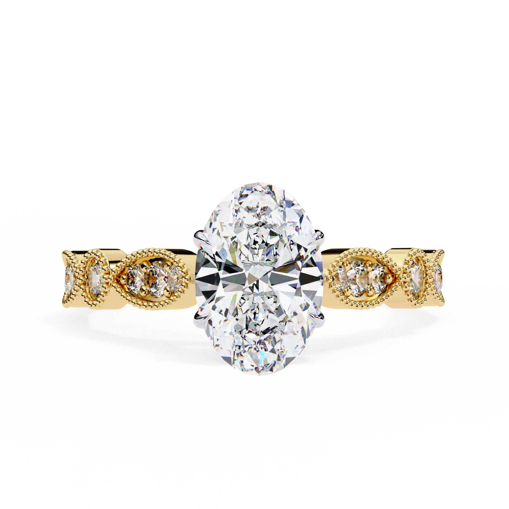 Gold ring with a large central diamond and smaller diamonds on the band against a white background