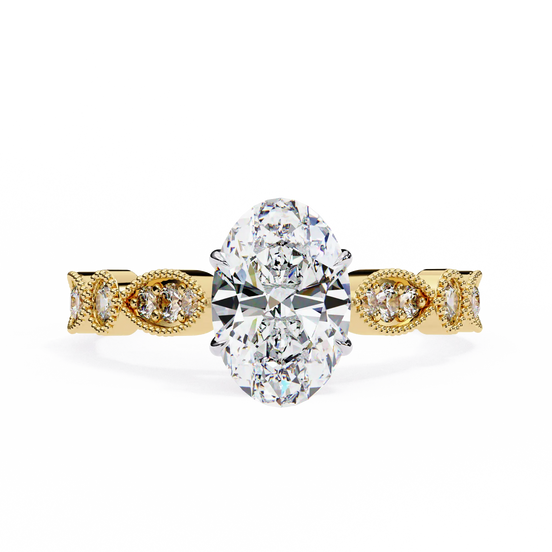 Gold ring with a large central diamond and smaller diamonds on the band against a white background