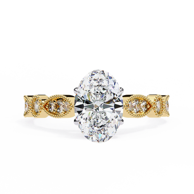 Gold ring with a large central diamond and smaller diamonds on the band against a white background
