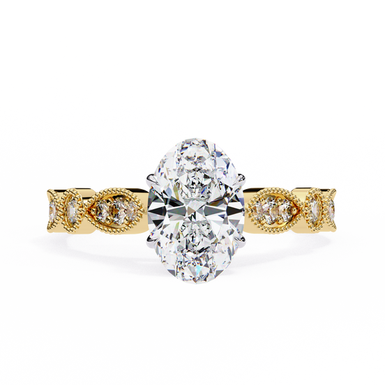 Gold ring with a large central diamond and smaller diamonds on the band against a white background