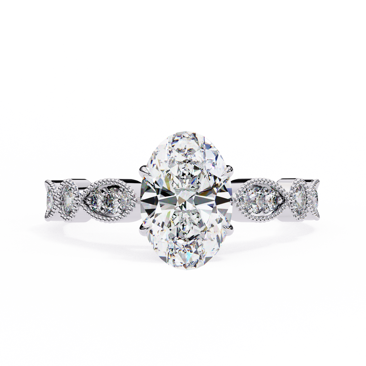 Diamond ring with a central oval-cut diamond on a white background