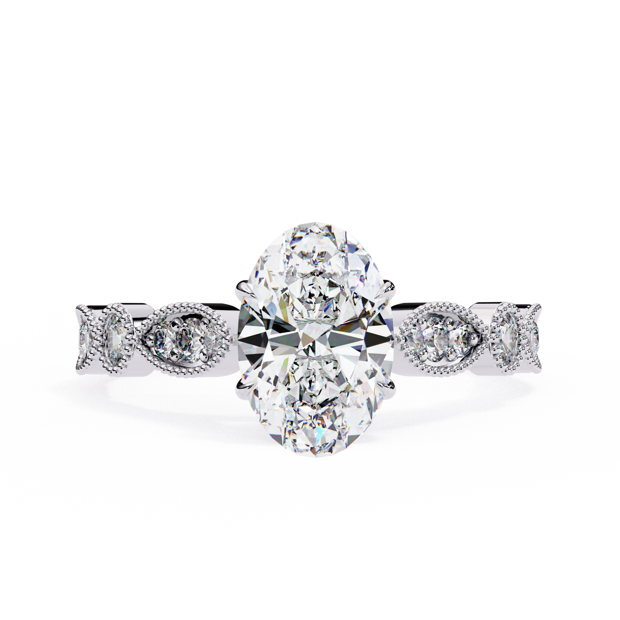 Diamond ring with a central oval-cut diamond on a white background
