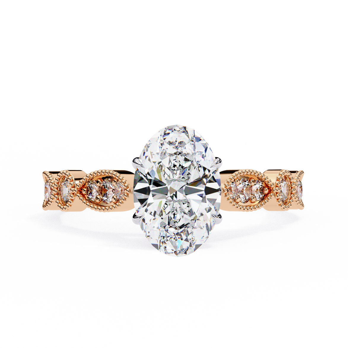 Gold ring with a large central diamond and smaller diamonds on the band against a white background