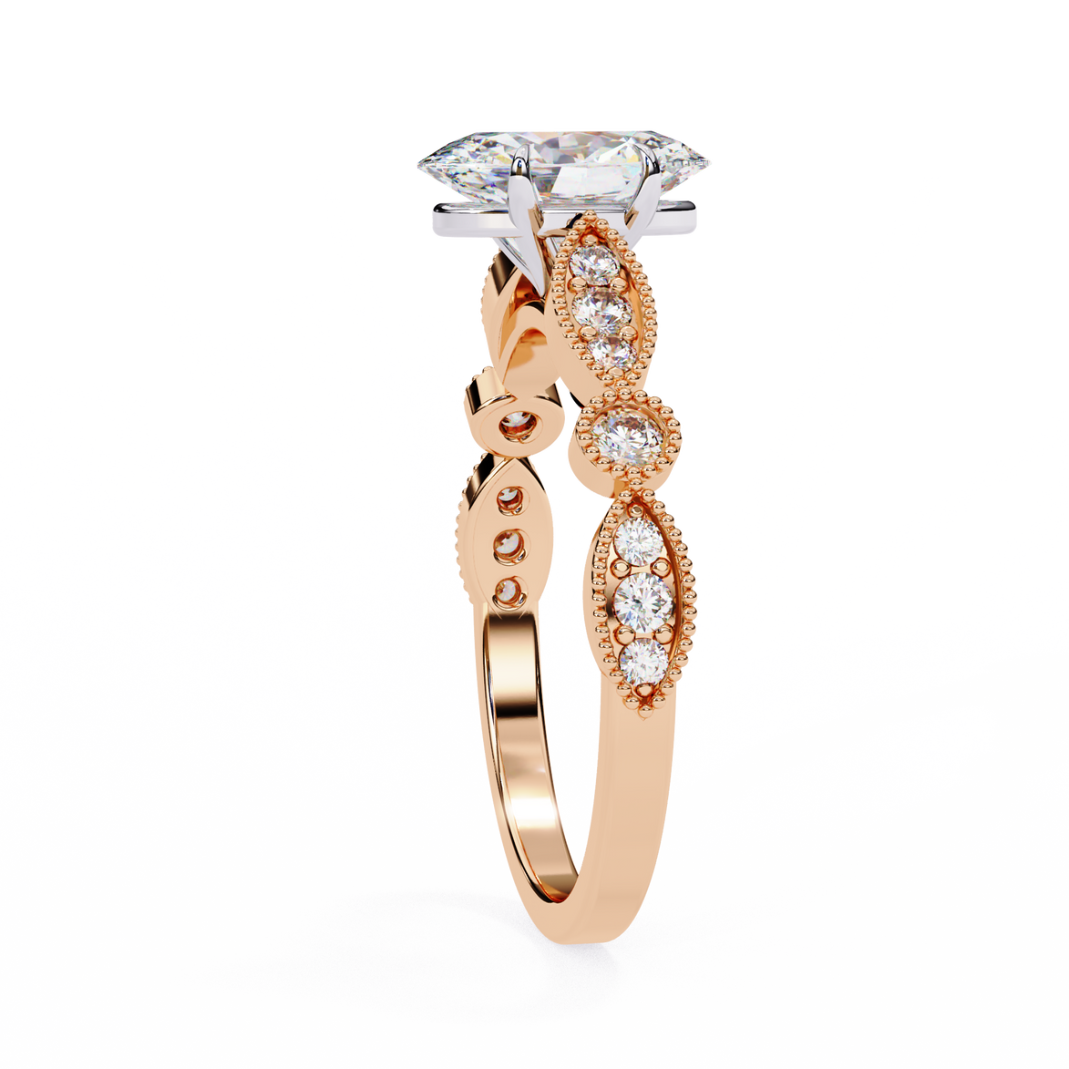 Rose gold ring with diamond accents on a white background