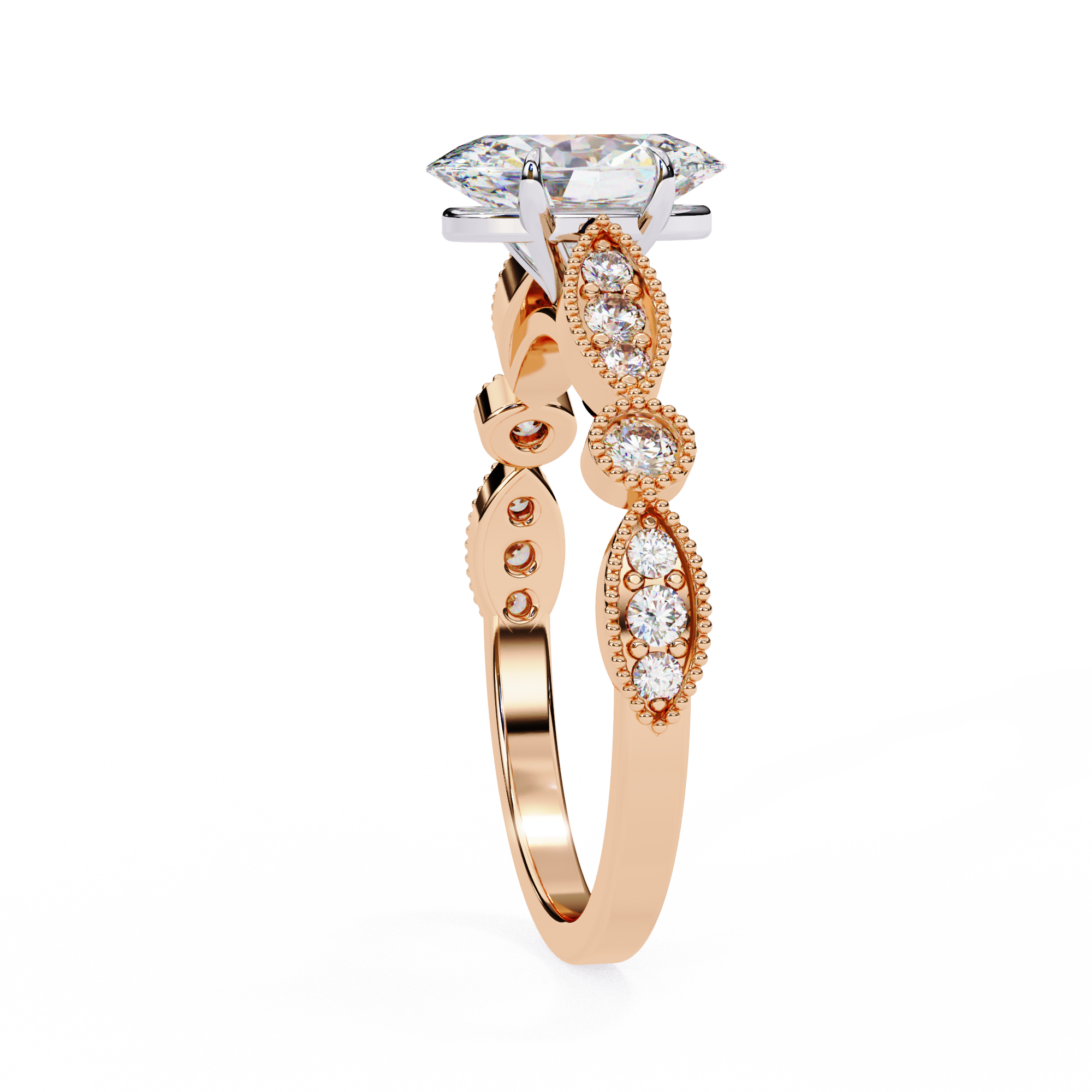 Rose gold ring with diamond accents on a white background
