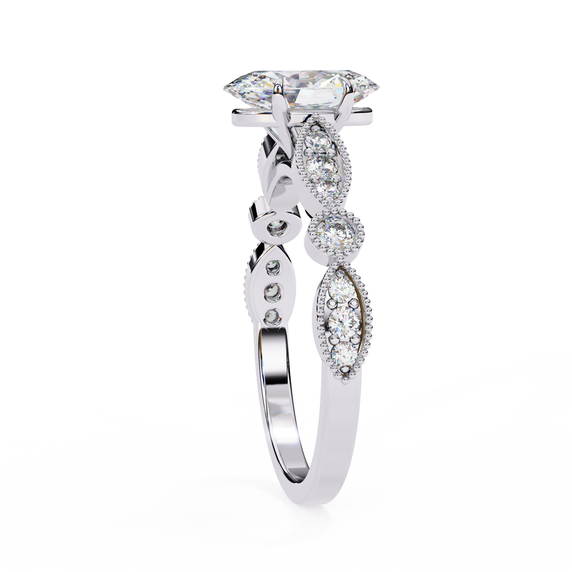 Diamond ring with a white gold band on a white background