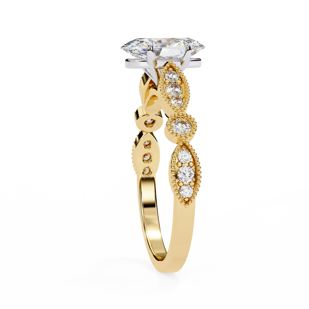 Gold ring with diamond accents on a white background