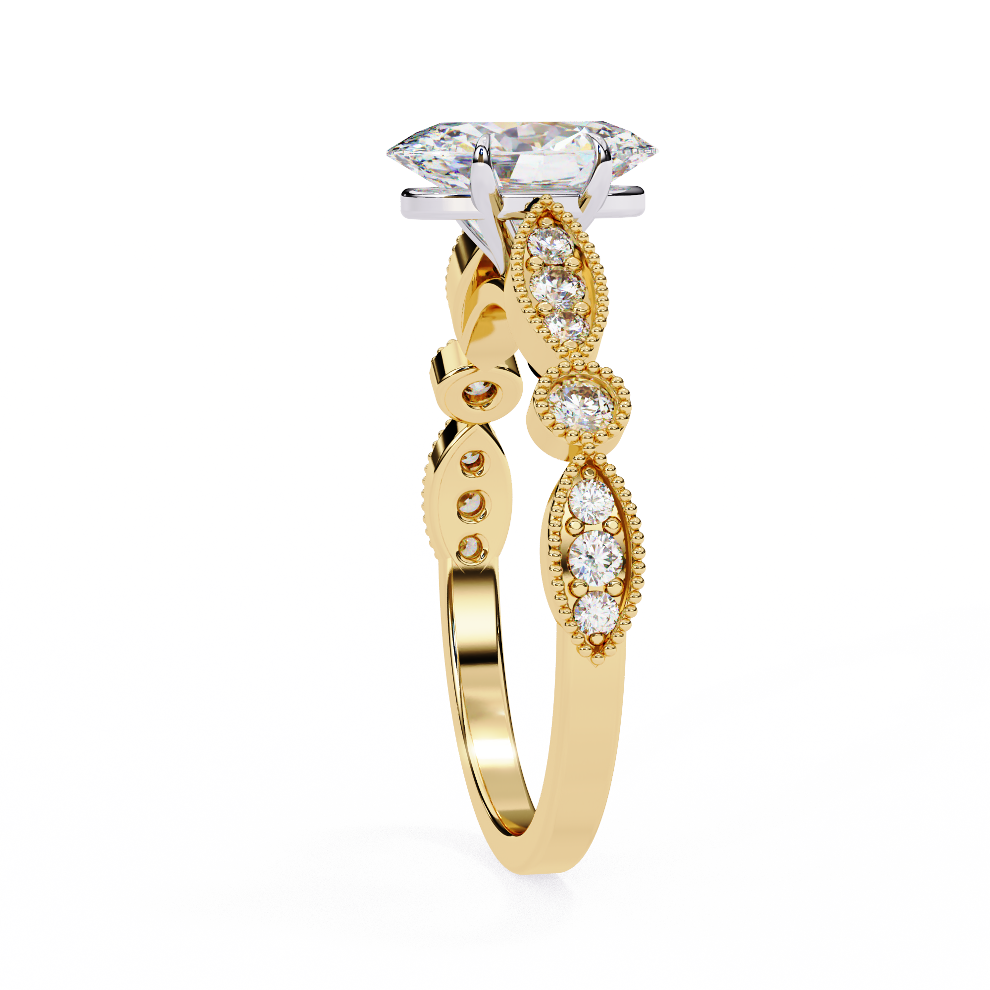 Gold ring with diamond accents on a white background