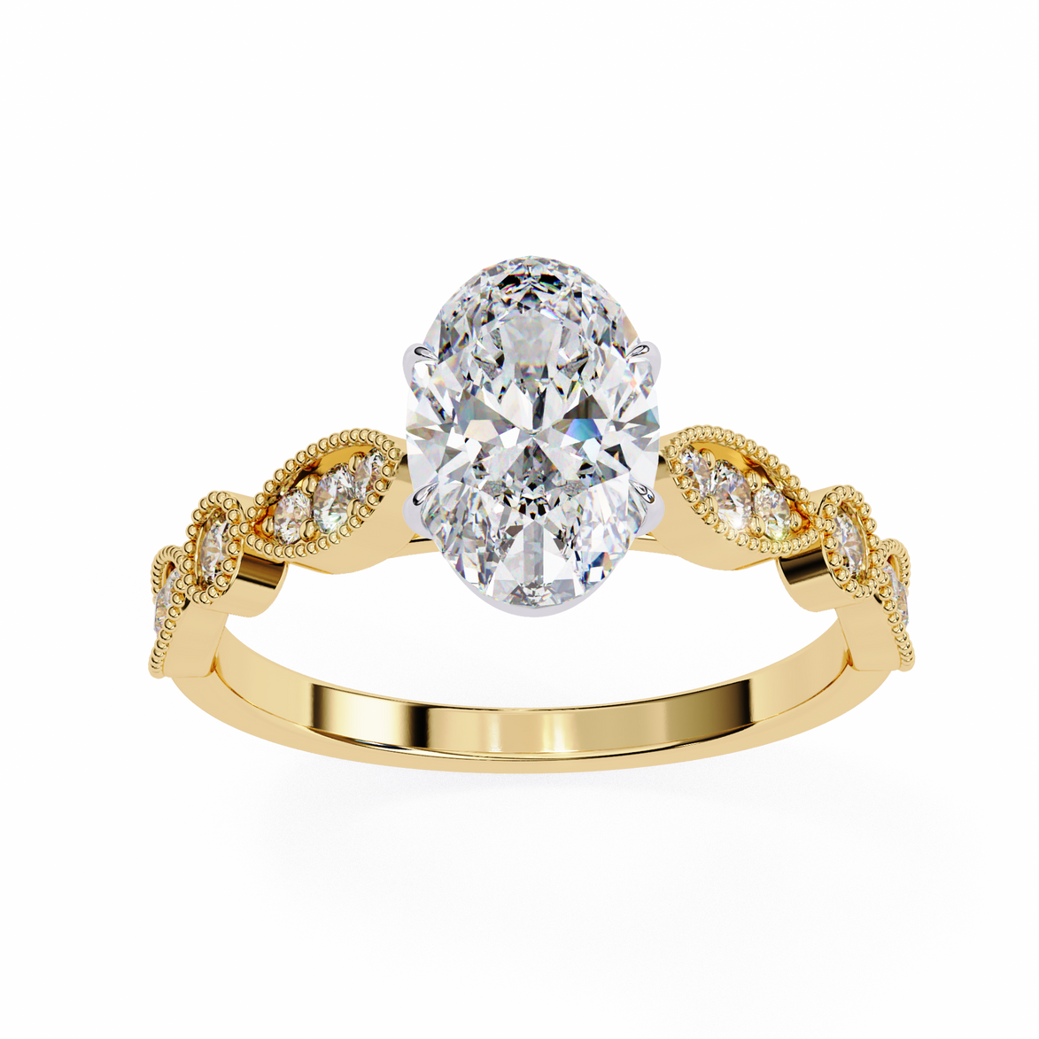 Gold ring with a large diamond and smaller diamonds on a white background