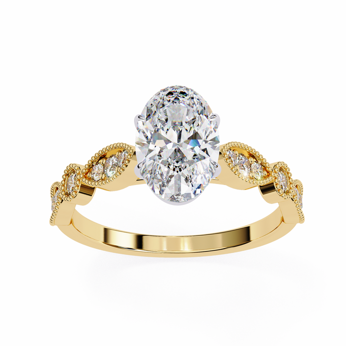 Gold ring with a large diamond and smaller diamonds on a white background