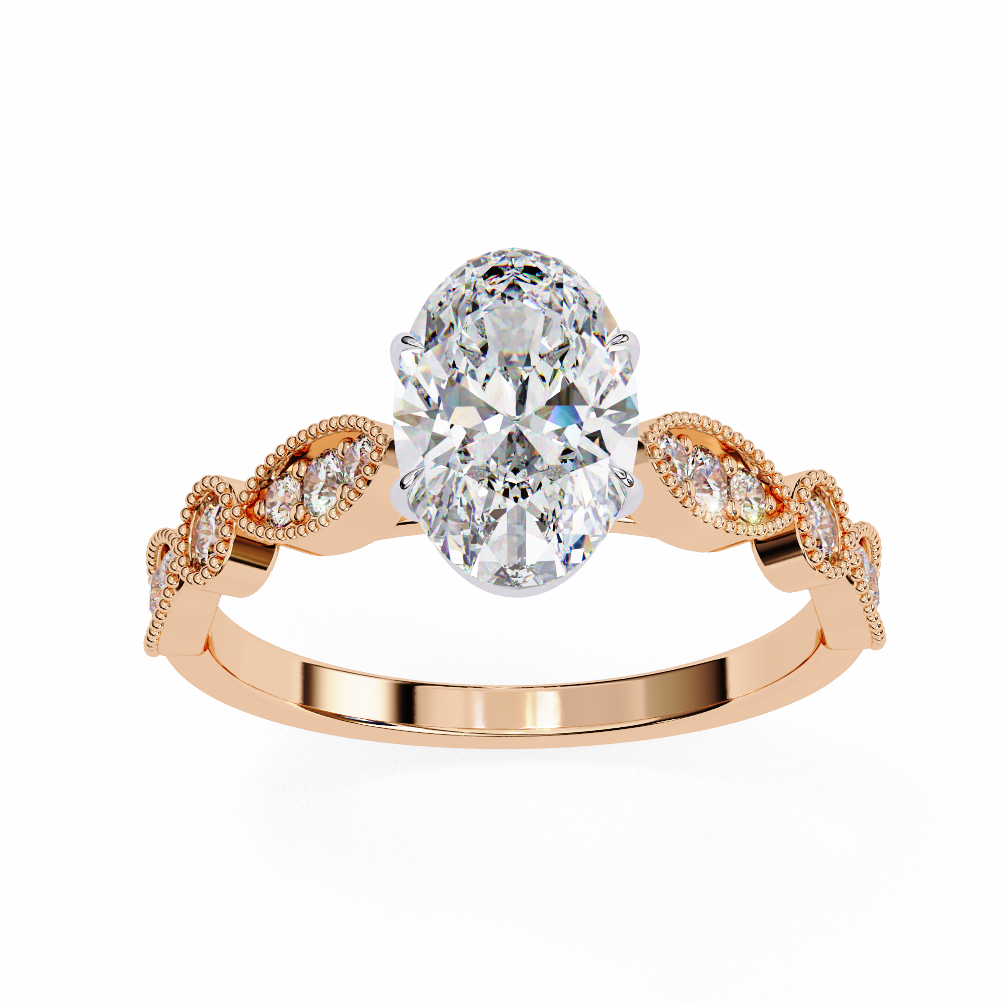 Rose gold ring with a large diamond and smaller diamonds on a white background
