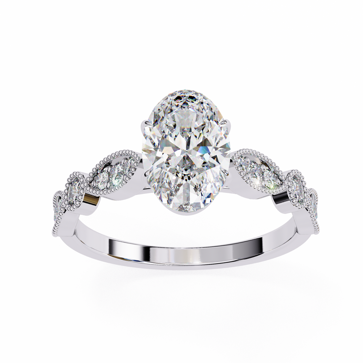 Diamond ring with a central oval-cut diamond and smaller round diamonds on a white background