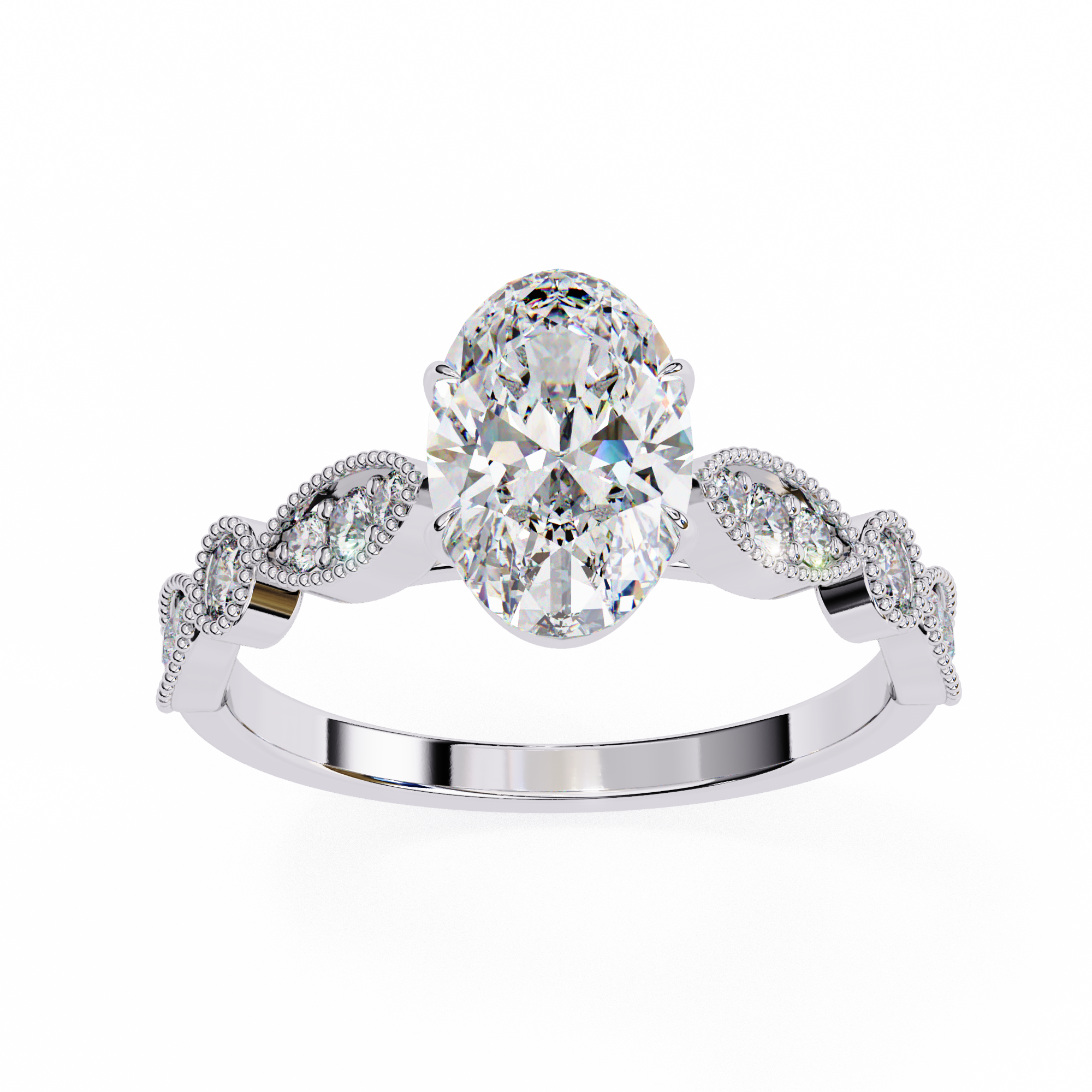 Diamond ring with a central oval-cut diamond and smaller round diamonds on a white background