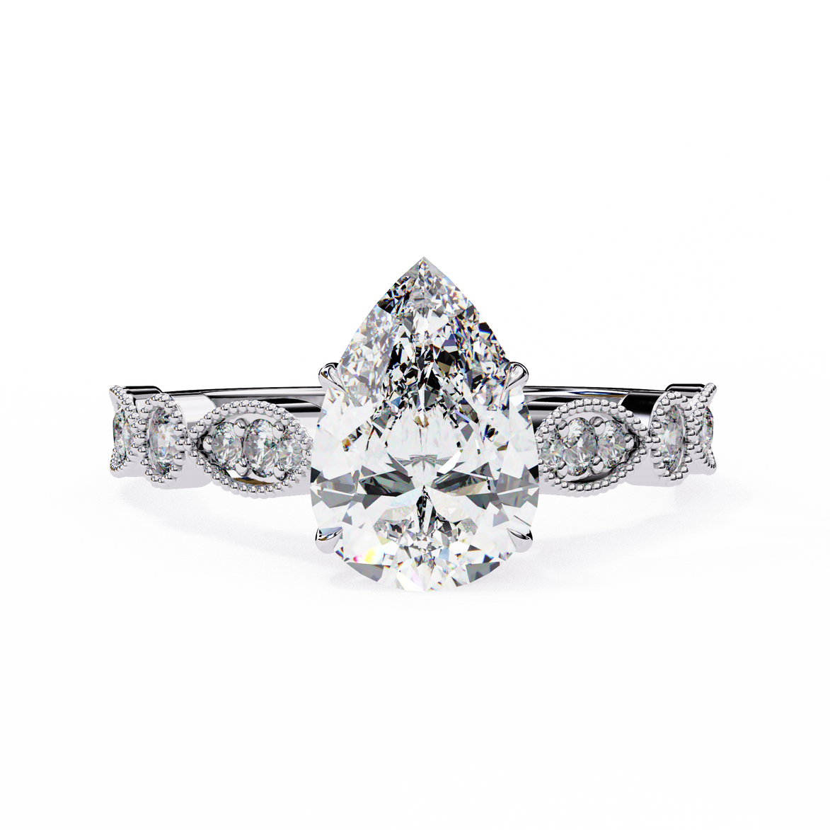 Diamond ring with a pear-shaped center stone on a white background